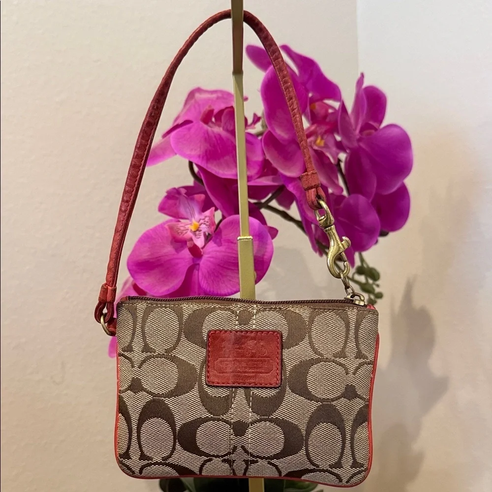 Coach Brown Red Wristlet orange bleeker signature style clutch coin purse